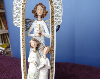 Set of 2 Angels with children Singing Christmas Carrols  9 1/2 Inch Barkwood