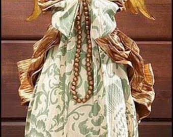 Golden Winged Christmas Angel 19.5" Tall Light Green and Ivory Garment with Golden Bead Strand and Shawl