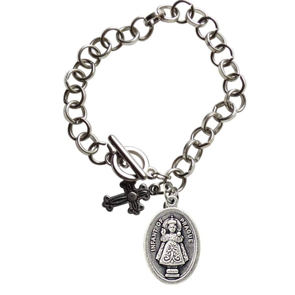 Holy Infant of Prague Loop Link Circle Stainless Steel Bracelet with Silver Plated Medal Toggle Closure and Blessed Prayer Card