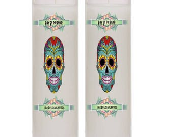 Dia de los Muertos Day of the Dead Calavera Catrina Set of Two or Four 7 Day Candles in Glass Jar  Style1