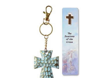 Verdigris and Gold Plated Byzantine Cross Keychain Zipper Pull with a Free Stations of The Cross Blessed Bookmark
