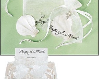 Baptism Favors Recuerditos 1 Dz of  Organza Bag with a Little Real Shell and a Rhinestone Cross That Could Be Used As a Pin
