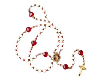 Divine Mercy Milk Glass 10mm Beaded Rosary Gold Plated Benedictine Crucifix Findings  Centerpiece Color Image Prayer Card