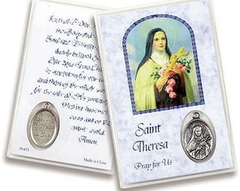 Saint Therese Theresa Pack of 12 - 1 doz - Holy Card with  Zinc Oxidized Medal Prayer Card  Laminated Devotional Wallet