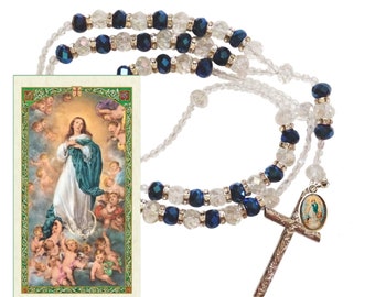 Our Lady of The Immaculate Conception Rosary Swaroski Crystal Faceted Beads Silver Plated Findings and Crucifix - Free  USA Shipping