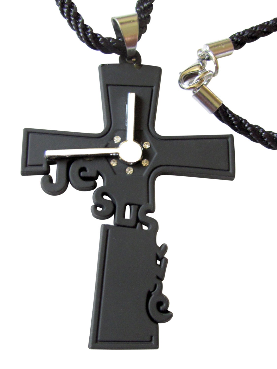 Black Corded Necklace with Black Gunmetal 3 Cross Pendant with