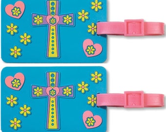 Luggage Set of 2 Flower Power Cross Travel Luggage Tag Blue Pink and Yellow Silicone  Will last for ever