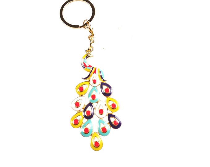 Multicolor Peacock Stainless Steel Keychain Keyring Zipper Pull and Good Luck Amulet with Lobster Clasp
