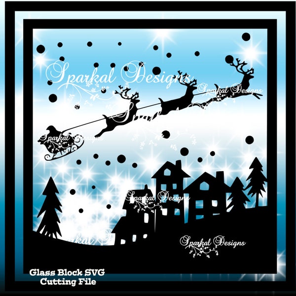 Christmas SVG File, Glass Block Santa's Sleigh Cut Designs, Snow Scene Winter design Cricut design Space Silhouette Studio Easy Weed