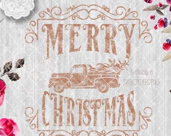 Vintage Red Truck Christmas SVG File, Cut Files Merry Christmas  Pickup truck Vector Clipart Holiday Decor, Silhouette Cutting file design