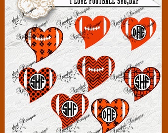 Football Heart SVG Files, Football Monogram Cut Files, Patterned Football Heart Fall Sport SVG Files Tee Shirt Football Stencil HTV Stencil