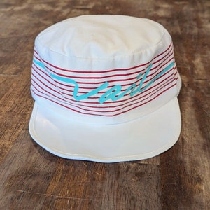 Vintage VAIL Ski Resort WHITE Stripe Hat Cap Colorado Adjustable Retro 1980s Cotton