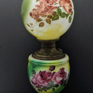 Antique Gone With The Wind GWTW Parlor Banquet Oil Lamp Roses Double Globe Hand Painted Floral Yellow Vintage Glass Rewired