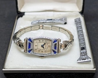 1927 Ladies Art Deco Sapphire Bulova Elinor Watch Filigree Silver 14k Solid Gold Vintage Antique Women's 24g