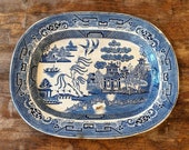 Vintage Antique 1840 Blue Willow Transferware Platter Impressed Crown Staffordshire UK Serving Display Pottery Stoneware