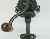 Vintage Antique Arcade Crystal Cast Iron Wall-Mount Wood Handle Hand Crank Coffee Grinder Mill KR