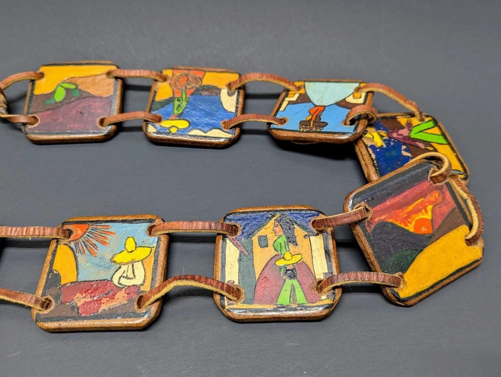 Vintage Exotic Wood Link Belt Wooden Tiles Segmented \'90s Handmade Woodgrain VTG Hand Painted Wooden Tile Belt: Vintage Mexican Folk Art  main image 4