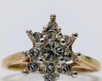 Vintage Cocktail Cluster Ring 18k Gold Filled Snowflake Rhinestone MCM Costume Size 6