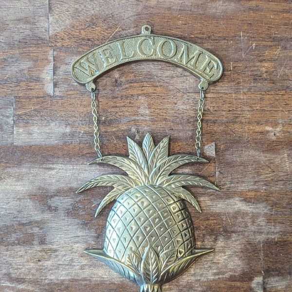 VINTAGE Solid Brass Pineapple Welcome Sign Door Hanging Plaque 11” x 6.5” Antique