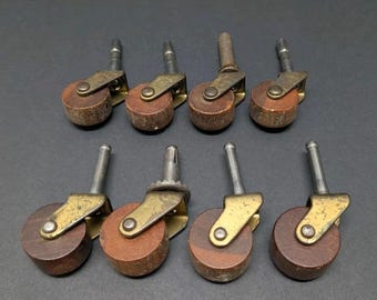 Vintage Antique Caster Wheels Wood Wooden SET of 8 Furniture Repair Stem Brass