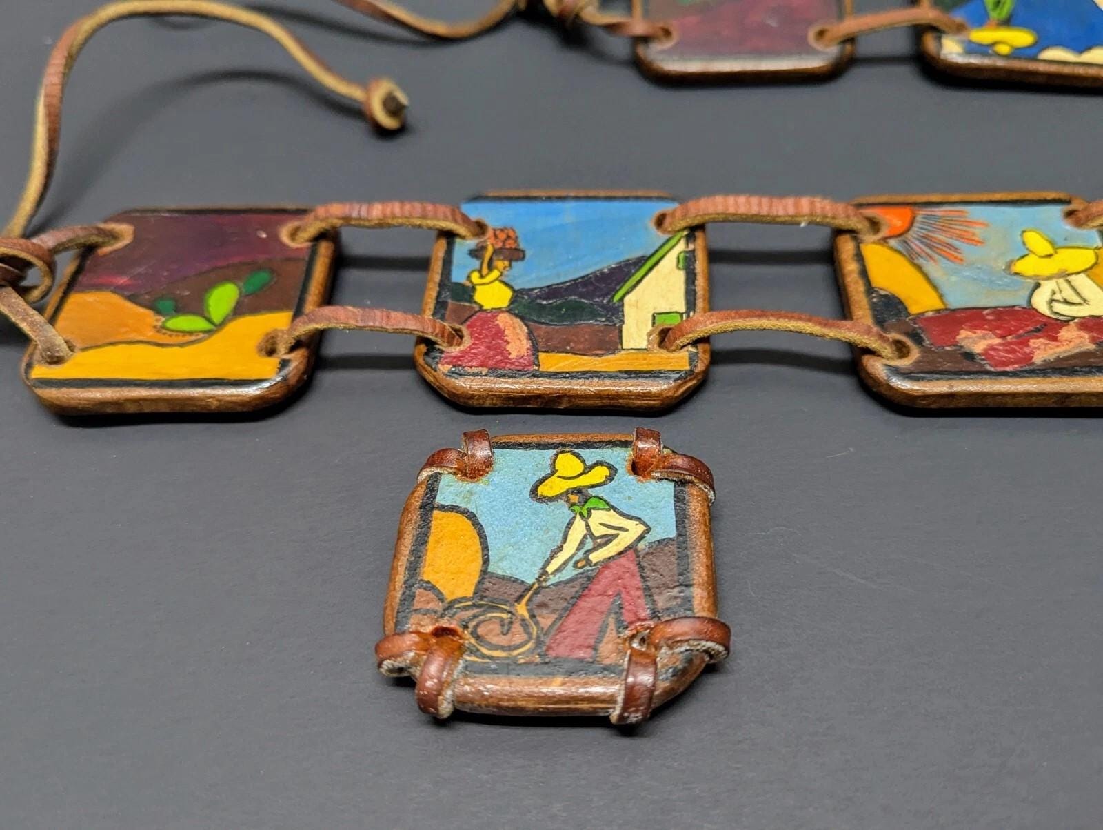 Hand Painted Wooden Tile Belt: Vintage Mexican Folk Art 
