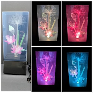 May include: A rectangular lamp featuring a fiber optic dandelion and translucent flower petals inside a clear acrylic case. The base is black with an attached power cord. The lamp illuminates in various colors including pink, purple, and blue.