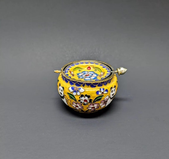 Vintage CHINESE CLOISONNE ENAMEL Yellow Floral Swivel Incense Ashtray Panda Bear Flower Bamboo