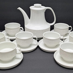 Vintage Thomas Arcta White Tea or Coffee Cups Mugs Saucers Set of 8 Atomic MCM TEAPOT Mid Century Tea Set