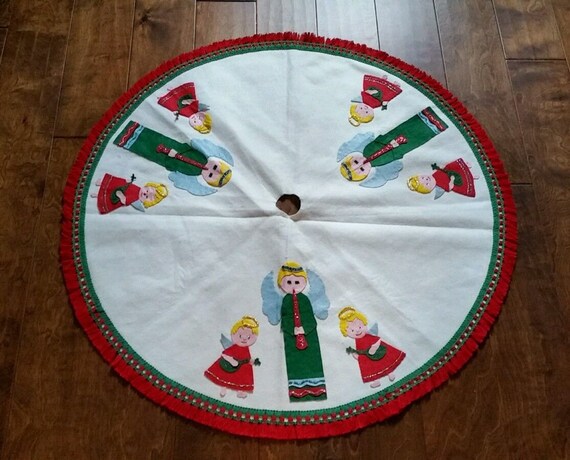 Vintage Christmas Tree Skirt Handmade Felt Embellished Glitter Etsy