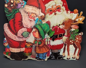 Lot Of Two Vintage Christmas Die Cut Paper 2 Santa Reindeer Child Kid Wall Decor Decoration Holiday Retro