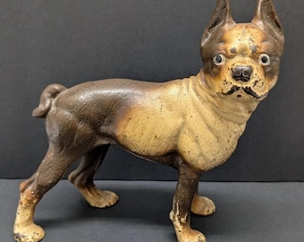 Antique Vintage Hubley Boston Terrier CAST IRON Dog DOORSTOP Brown Heavy Large