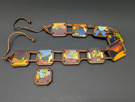 Hand Painted Wooden Tile Belt: Vintage Mexican Folk Art  display picture 2