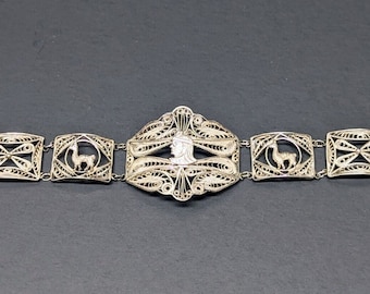 Vintage Silver Filigree Panel Bracelet: Egyptian Llama Design