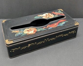 Vintage Toleware Metal Hand Painted Roses Birds Wall Tissue Box Holder Hinged