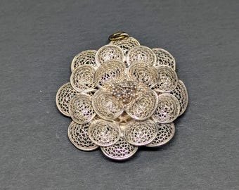 Sterling Silver Vintage Tone Filigree Flower Motif Pendant Petals Layered Art Deco Floral Delicate