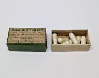 Antique Vintage Quinine Sulphate Capsules NOS Medicine Lane Drug Store Atlanta Tablets Pills Medical Collectible