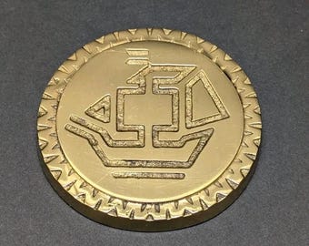 Vintage Brass Paperweight Medallion Coin Solid Token Heavy Aztec Ship Boat Round