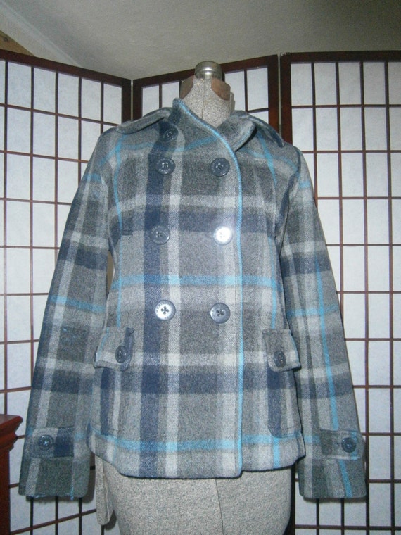 blue plaid peacoat