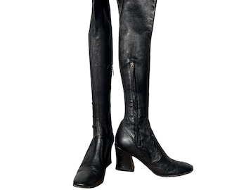 1990s BIBA Black Leather Thigh Boots UK Size 5 / BIBA Relaunch / late 60s look / Early 70s Style / Go Go Boots / Vintage 90s Monica Zipper
