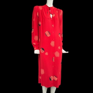 Rare 1970s ZANDRA RHODES Crepe Shirt Dress with Japanese Style Signature Print Vintage 70s Designer Collectible