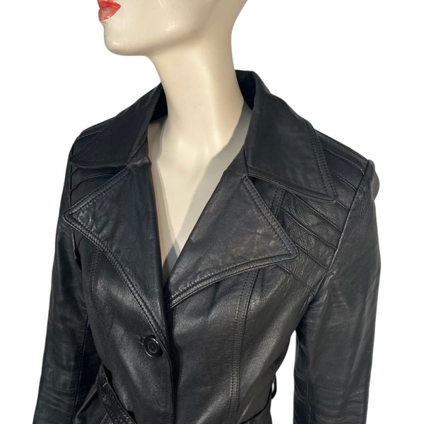 1970s Black Leather Jacket with Wide Lapels and Geometric Back Detailing / Vintage 70s / Glam Rock / Boho / Mod / Psych Style