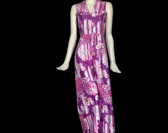 1970er-Jumpsuit mit psychedelischem Blumendruck, ausgestellter Hose mit weitem Bein und großem Kragen / Vintage 70er / 60er Jahre Psych / Groovy Go Go / Boho