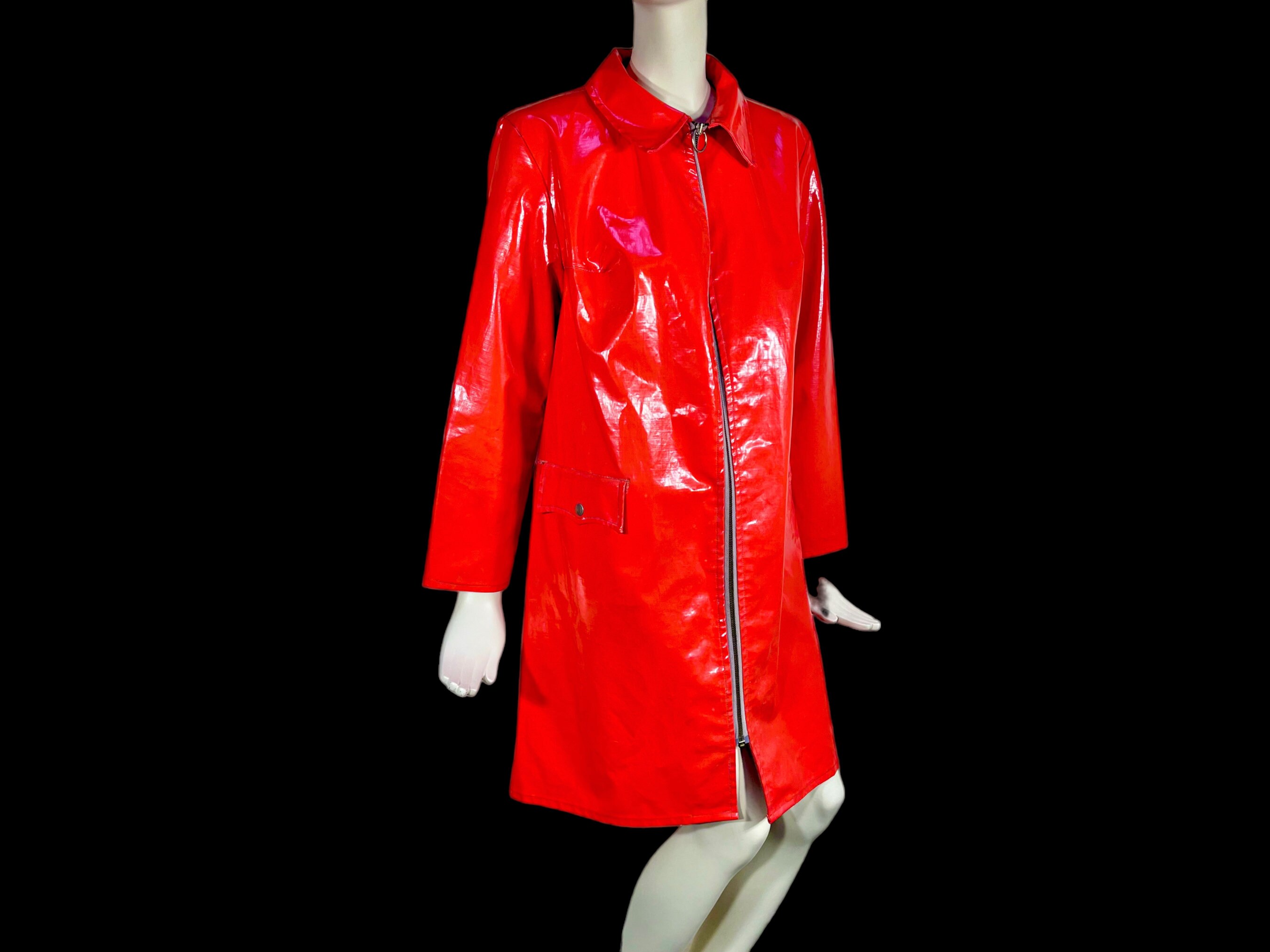 1960s Red PVC Raincoat With Ring Zipper / Vintage 60s Mod