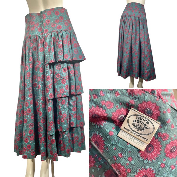 1980s LAURA ASHLEY Floral Cotton Midi Skirt with Side Bustle Frill Detail UK Size 8 / Vintage 80s / Boho / Cottagecore / Victorian Look