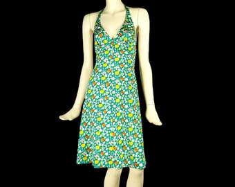 1970s Halter Dress with Flower & Fruit Print / Vintage 70s / Halter Neck / Beach Dress / Glam Rock / Boho /