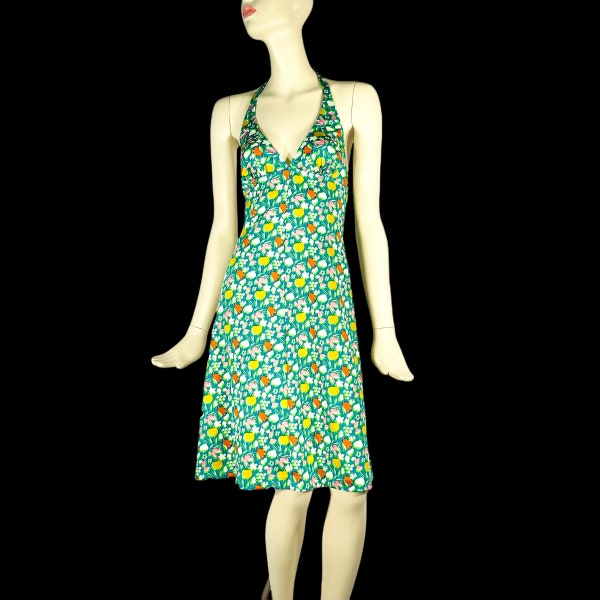 1970s Halter Dress with Flower & Fruit Print / Vintage 70s / Halter Neck / Beach Dress / Glam Rock / Boho /