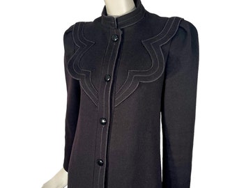 1930s / 1940s Inspired Coat by ALBERT NIPON in Black Wool Felt with Amazing Collar Detail & Puffed Shoulders / Vintage 70s does 40s / Glam