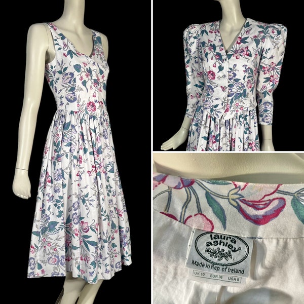 1980s LAURA ASHLEY Floral Cotton Dress & Jacket Outfit / Vintage 80s / Boho / Sundress / Two Piece / Crop Jacket