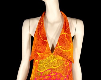 1970s Orange Halter Maxi Dress with Collars with Vibrant Graffiti Flowers Print / Vintage 70s / Maxi Dress / Glam / Boho Style