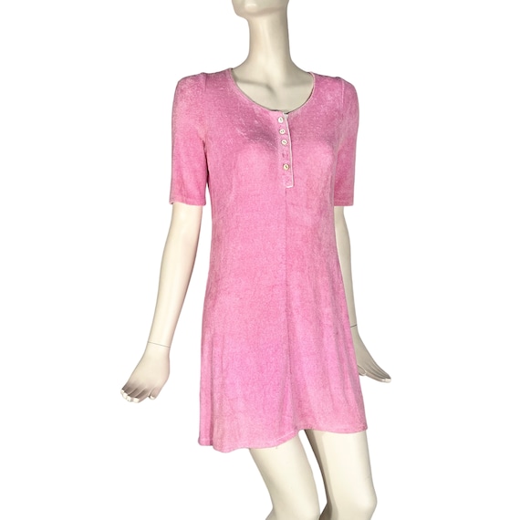 1960s BIBA Pink Towelling Mini Dress With Scoop Grandad Style